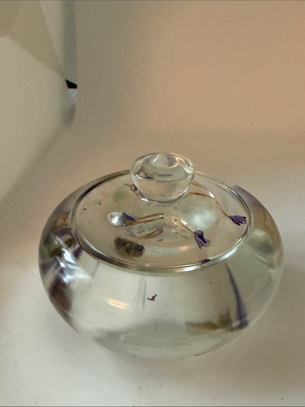 Clear Resin Decorative Jar with Encased Purple Floral Accents